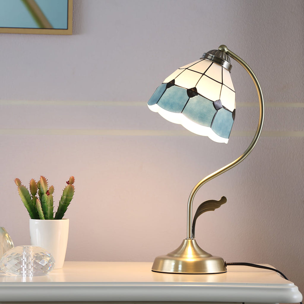 Mosrugs | LuxePetal – White and Blue Glass Floral Table Lamp in Gold