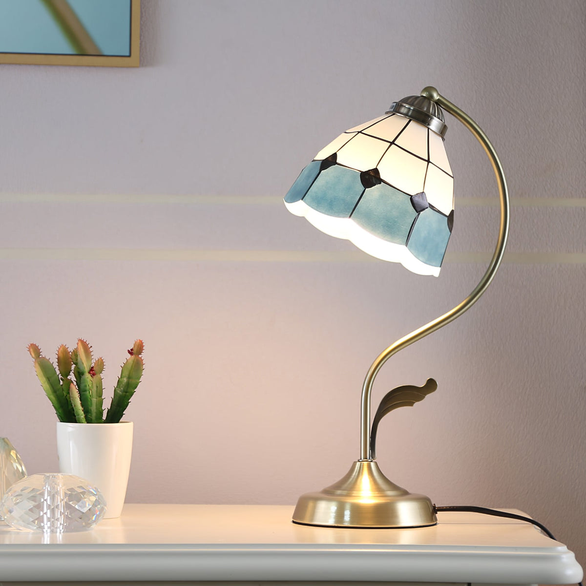 Mosrugs | LuxePetal – White and Blue Glass Floral Table Lamp in Gold