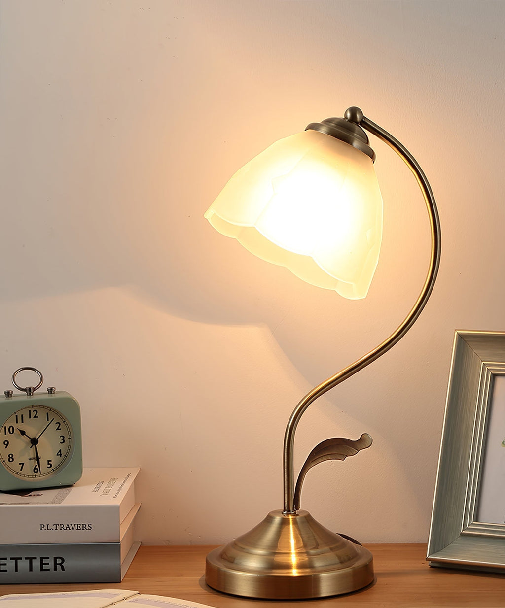 Mosrugs | LuxePetal – White and Blue Glass Floral Table Lamp in Gold