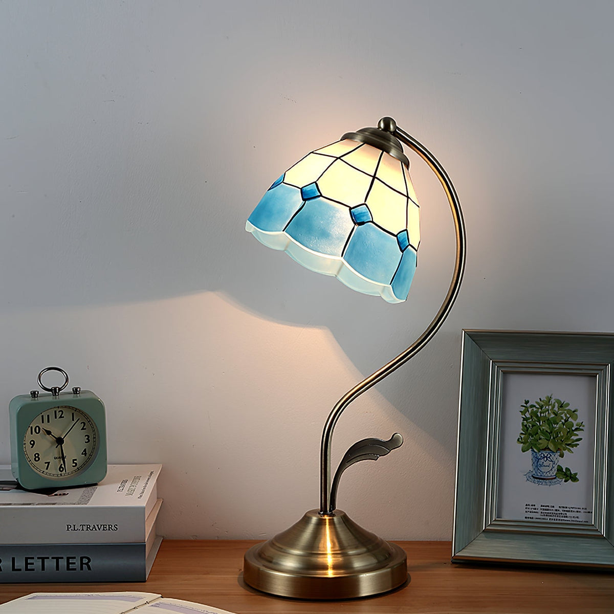 Mosrugs | LuxePetal – White and Blue Glass Floral Table Lamp in Gold