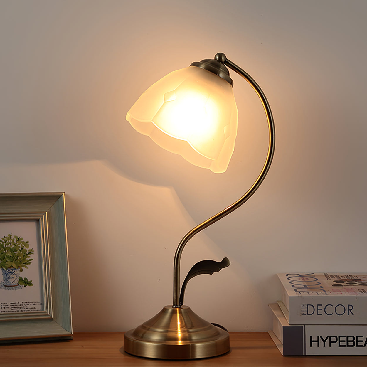 Mosrugs | LuxePetal – White and Blue Glass Floral Table Lamp in Gold