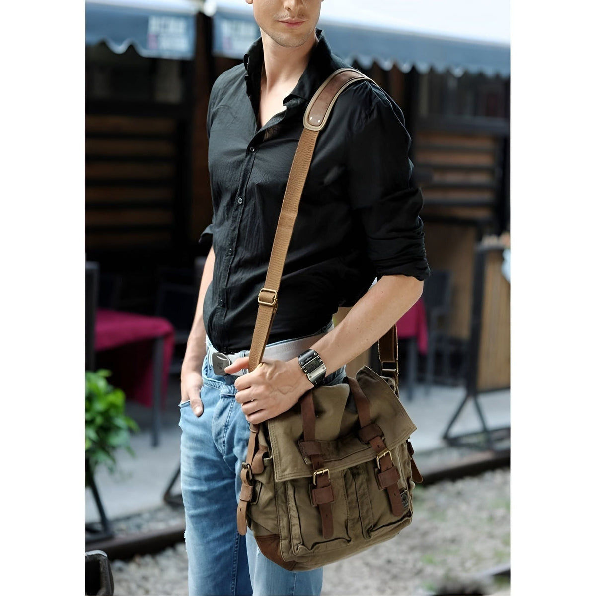 Mosrugs | Michael Bag – Vintage Canvas Messenger Bag for Men with Leather Accents
