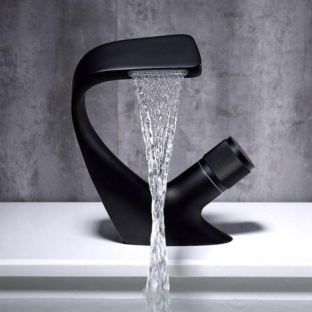 Mosrugs | AQUACASCADE Basin Tap – Modern Waterfall Bathroom Mixer Tap in Solid Brass