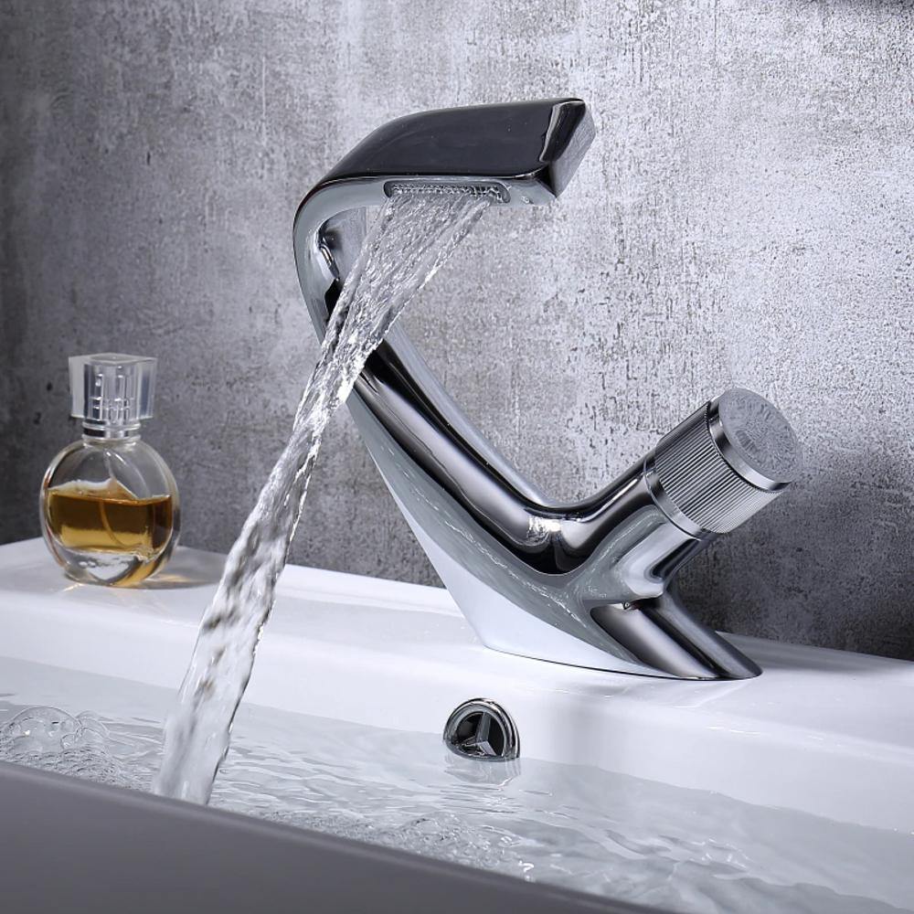 Mosrugs | AQUACASCADE Basin Tap – Modern Waterfall Bathroom Mixer Tap in Solid Brass