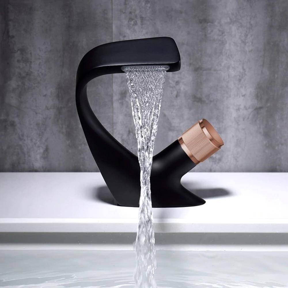 Mosrugs | AQUACASCADE Basin Tap – Modern Waterfall Bathroom Mixer Tap in Solid Brass