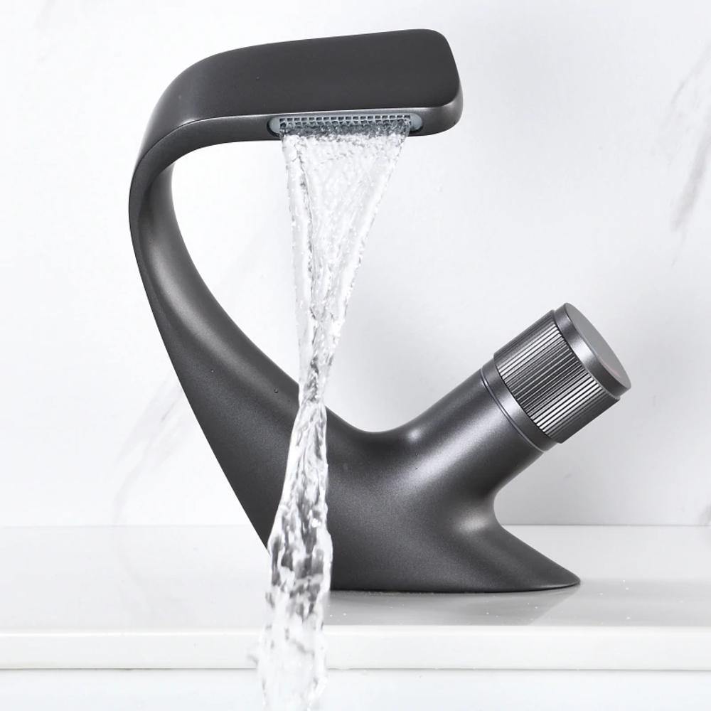 Mosrugs | AQUACASCADE Basin Tap – Modern Waterfall Bathroom Mixer Tap in Solid Brass
