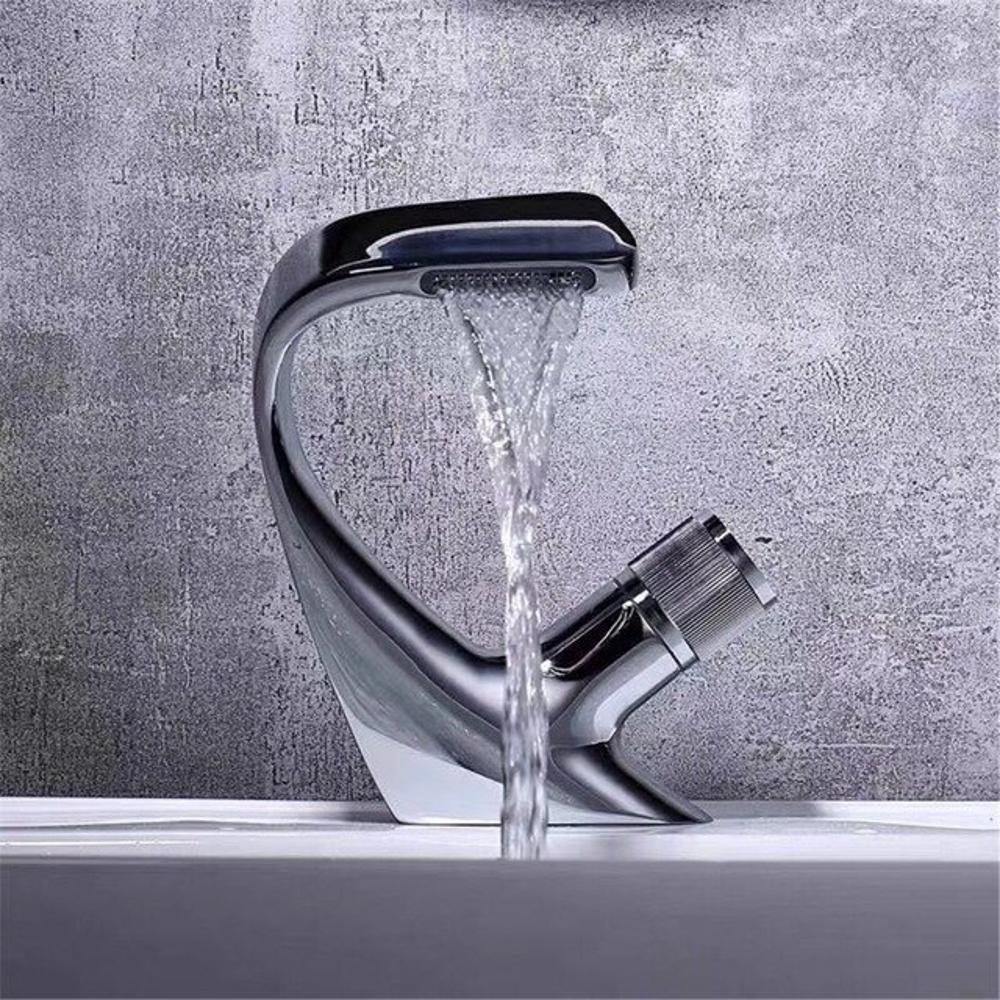 Mosrugs | AQUACASCADE Basin Tap – Modern Waterfall Bathroom Mixer Tap in Solid Brass