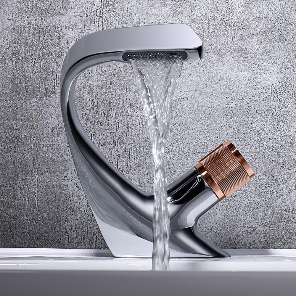 Mosrugs | AQUACASCADE Basin Tap – Modern Waterfall Bathroom Mixer Tap in Solid Brass
