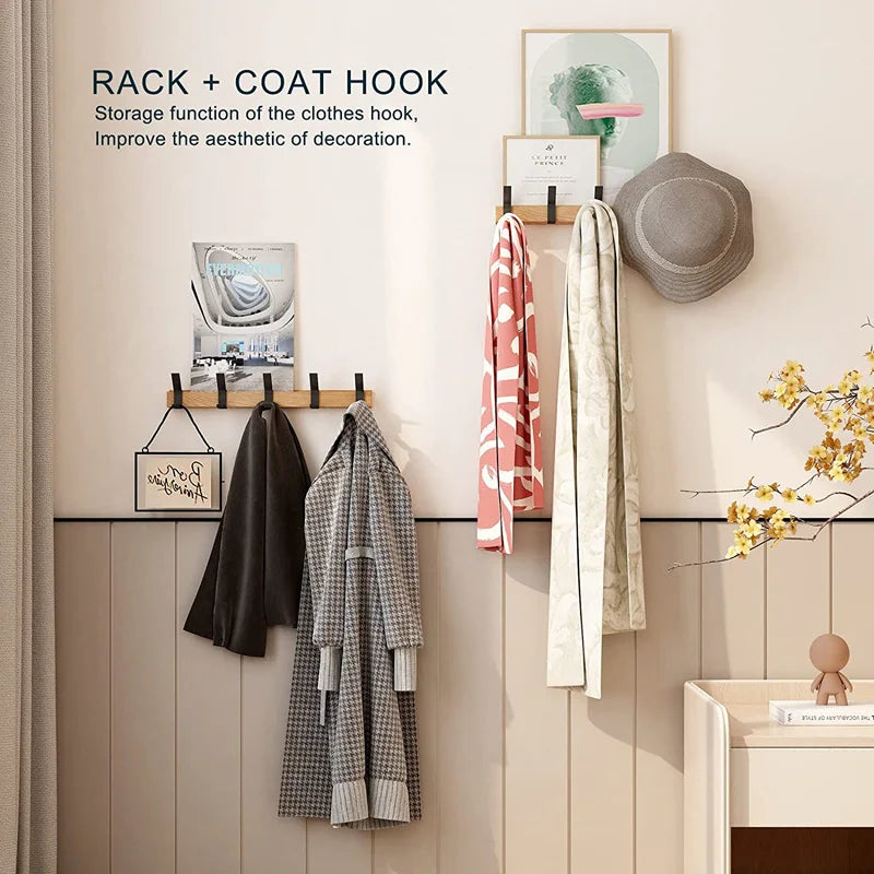 Mosrugs | Wall-Mounted Coat Rack with Movable Double Hooks – Black Nordic Design – Wood & Aluminium – 40x7x7cm