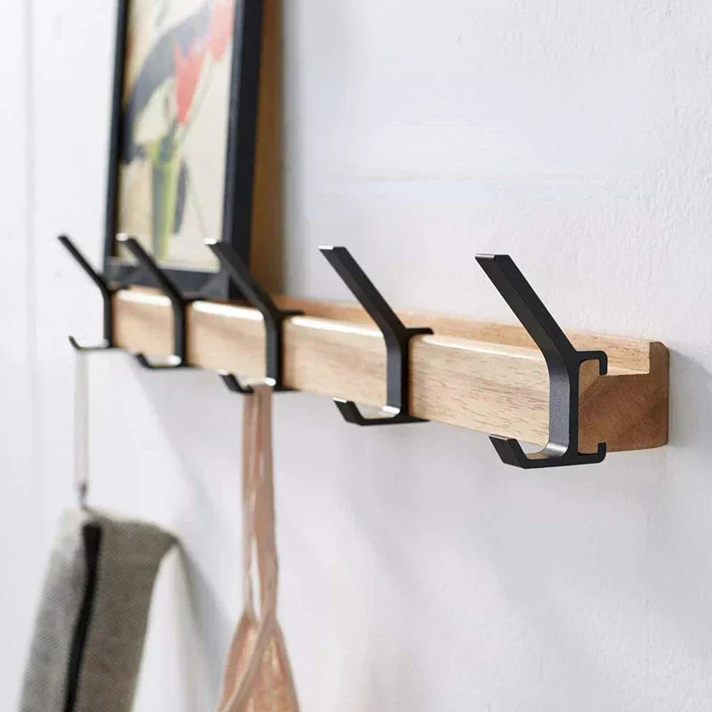 Mosrugs | Wall-Mounted Coat Rack with Movable Double Hooks – Black Nordic Design – Wood & Aluminium – 40x7x7cm