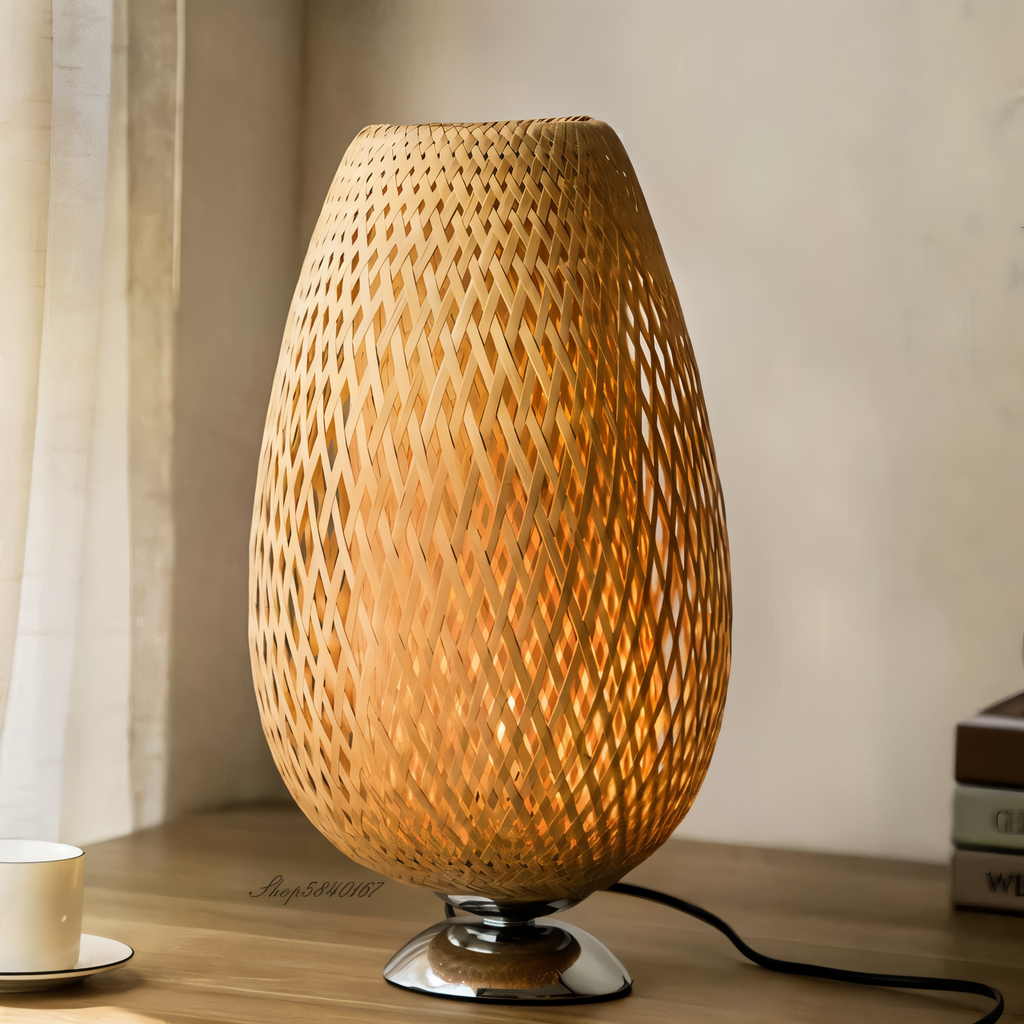 Mosrugs | NatureHue – Vintage Bamboo Table Lamp – Creative Woven Rattan Desk Light