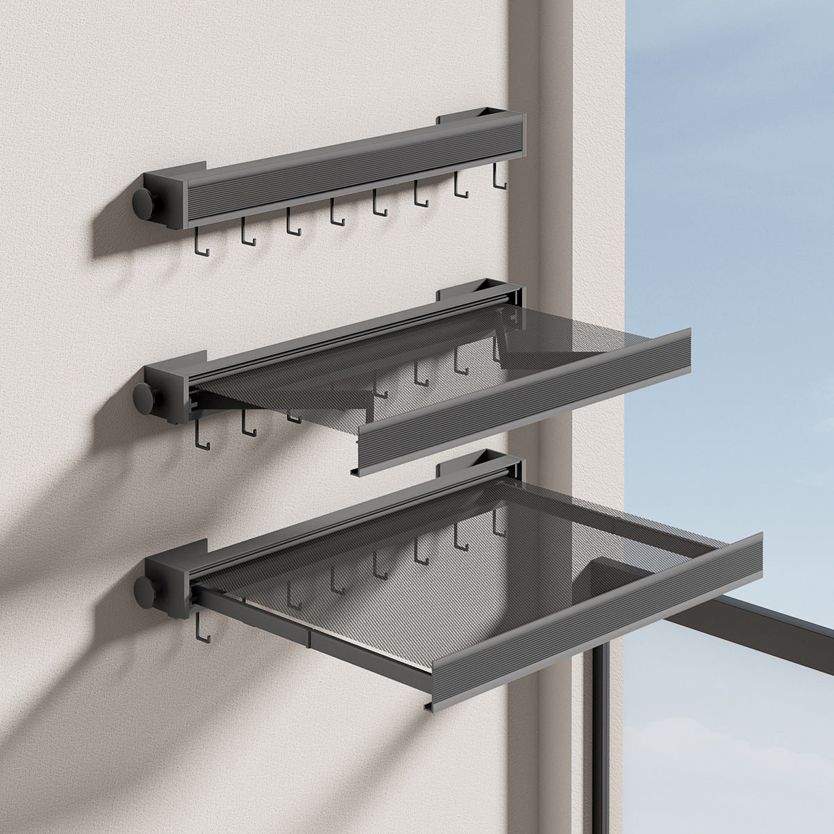 Wall-Mounted Foldable Clothes Drying Rack with Grid Shelf and Hook Rail