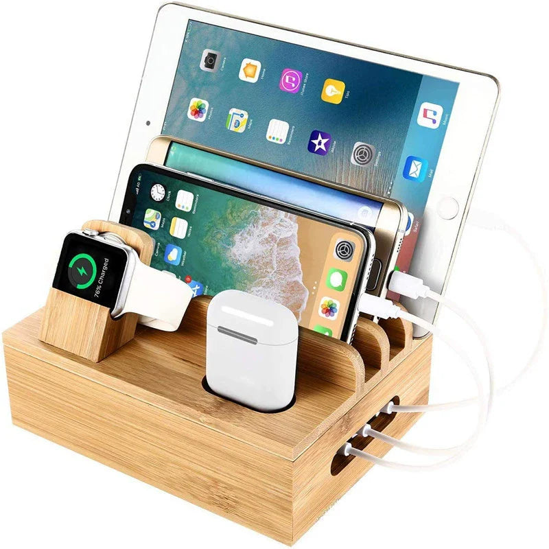 Mosrugs | Tekavo Bamboo Charging Station – 5-Port USB Organiser with Cable Set