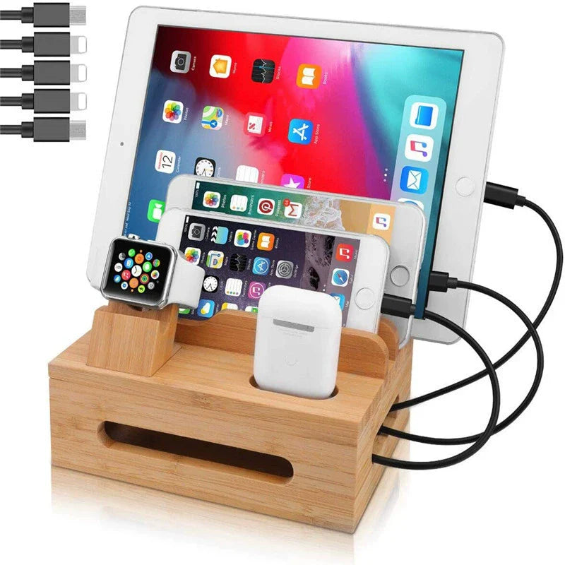 Mosrugs | Tekavo Bamboo Charging Station – 5-Port USB Organiser with Cable Set