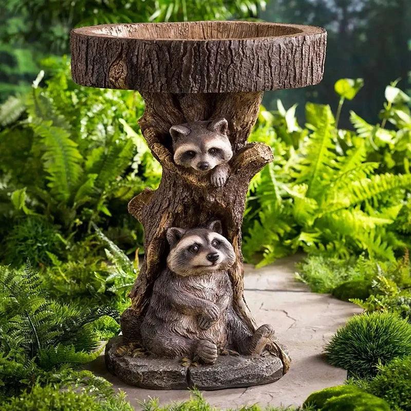 Mosrugs | Vintage Garden Bird Bath – Polyresin Raccoon Design for Outdoor Charm