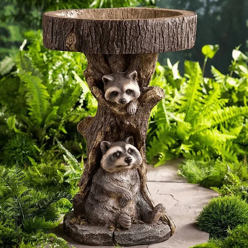 Mosrugs | Vintage Garden Bird Bath – Polyresin Raccoon Design for Outdoor Charm