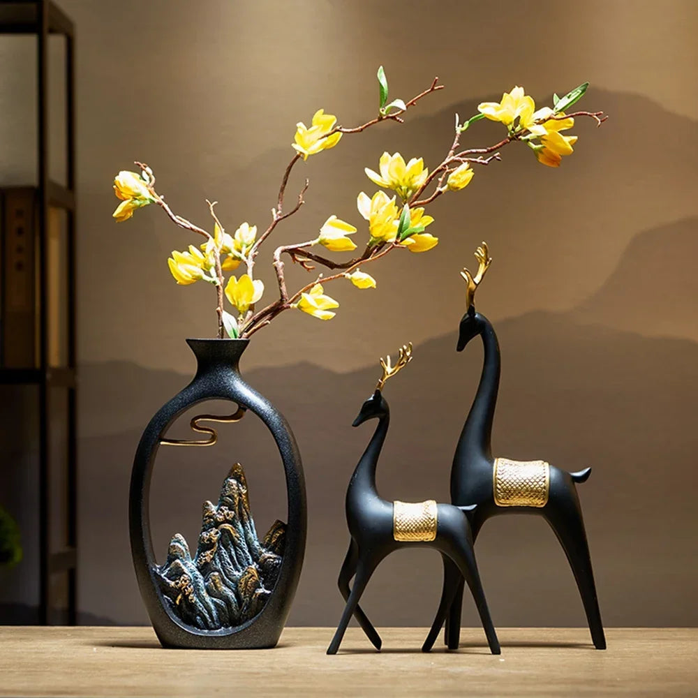 Mosrugs | TranquilPeak – Artistic Ceramic Mountain Landscape Vase | Elegant Black Interior Decor