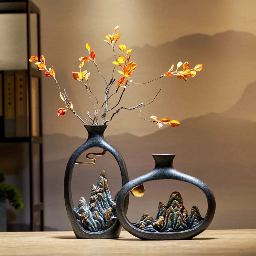Mosrugs | TranquilPeak – Artistic Ceramic Mountain Landscape Vase | Elegant Black Interior Decor