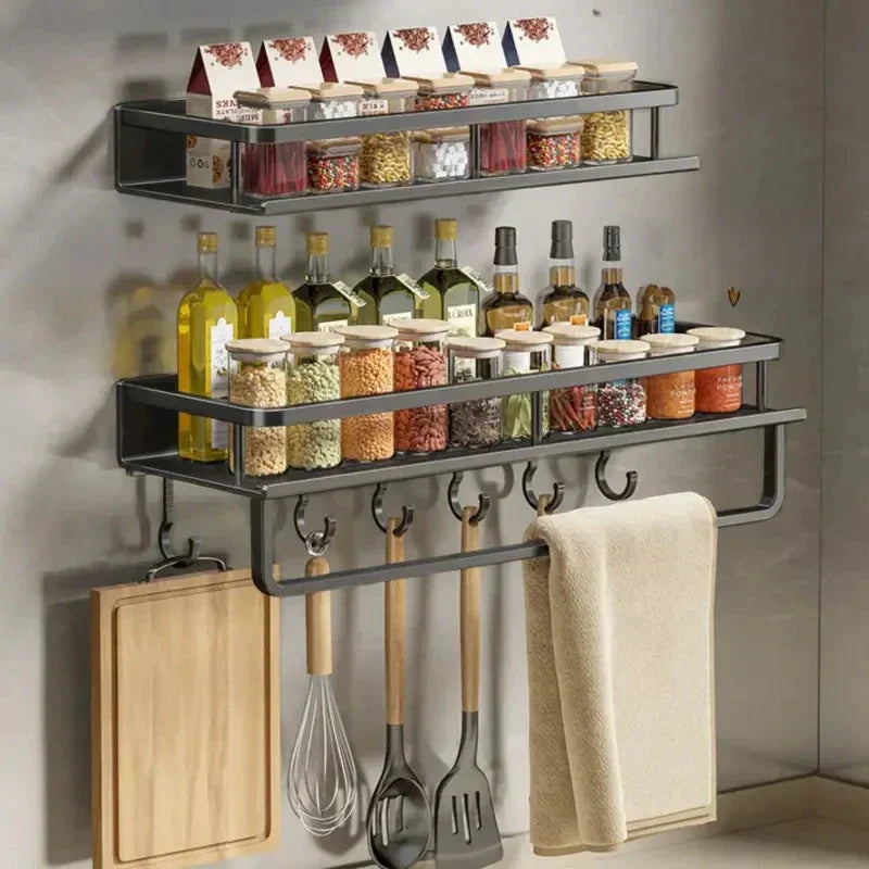 Mosrugs | Black Wall-Mounted Kitchen Rack – Spice Shelf with Utensil Hook Bar