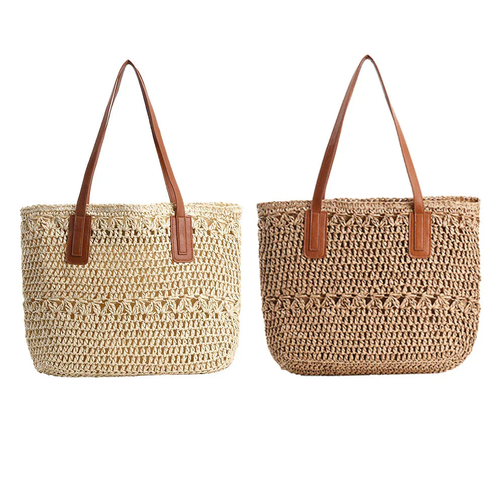 Mosrugs | Genevieve | Chic Straw Tote Bag with Genuine Leather Straps – Elegant Summer Handbag