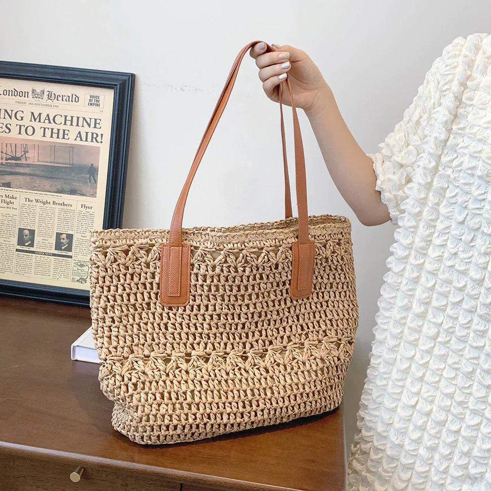 Mosrugs | Genevieve | Chic Straw Tote Bag with Genuine Leather Straps – Elegant Summer Handbag