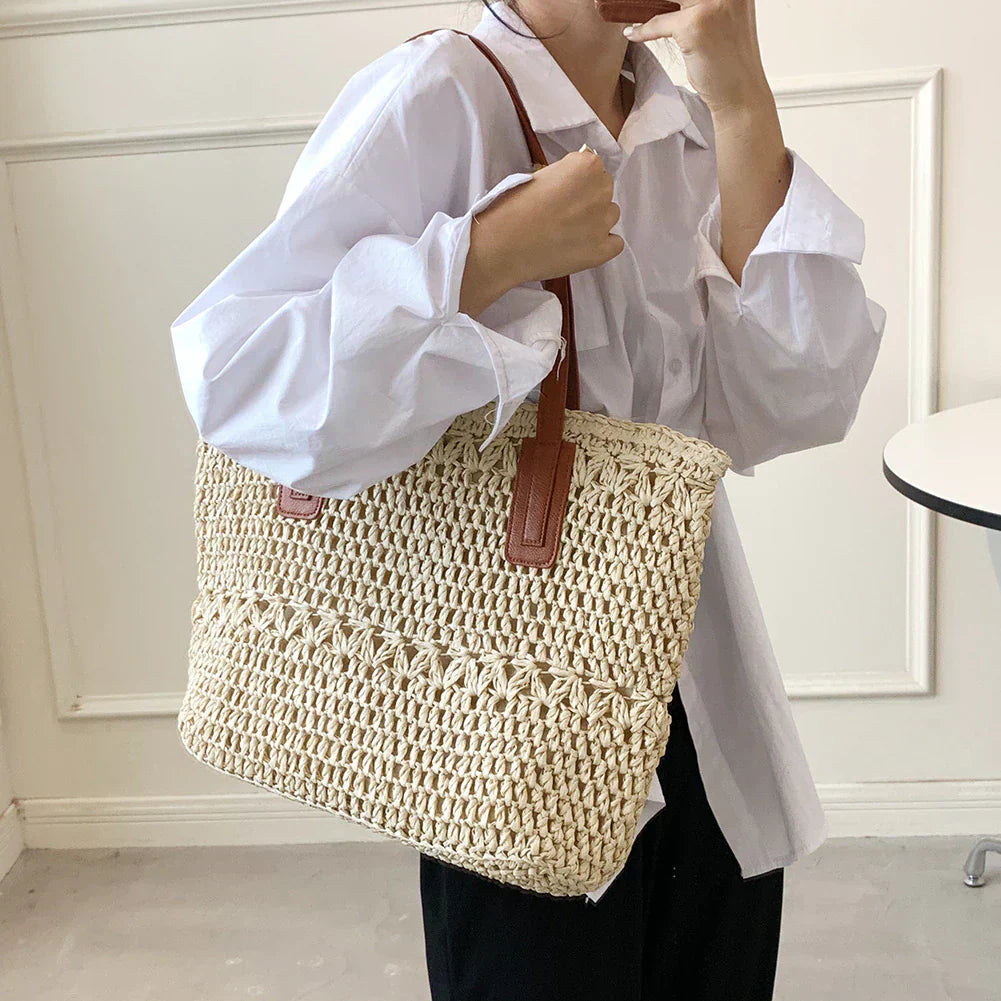 Mosrugs | Genevieve | Chic Straw Tote Bag with Genuine Leather Straps – Elegant Summer Handbag