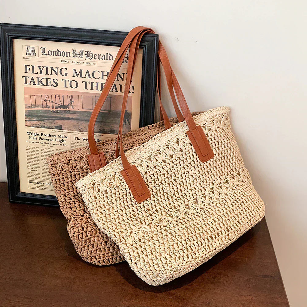 Mosrugs | Genevieve | Chic Straw Tote Bag with Genuine Leather Straps – Elegant Summer Handbag