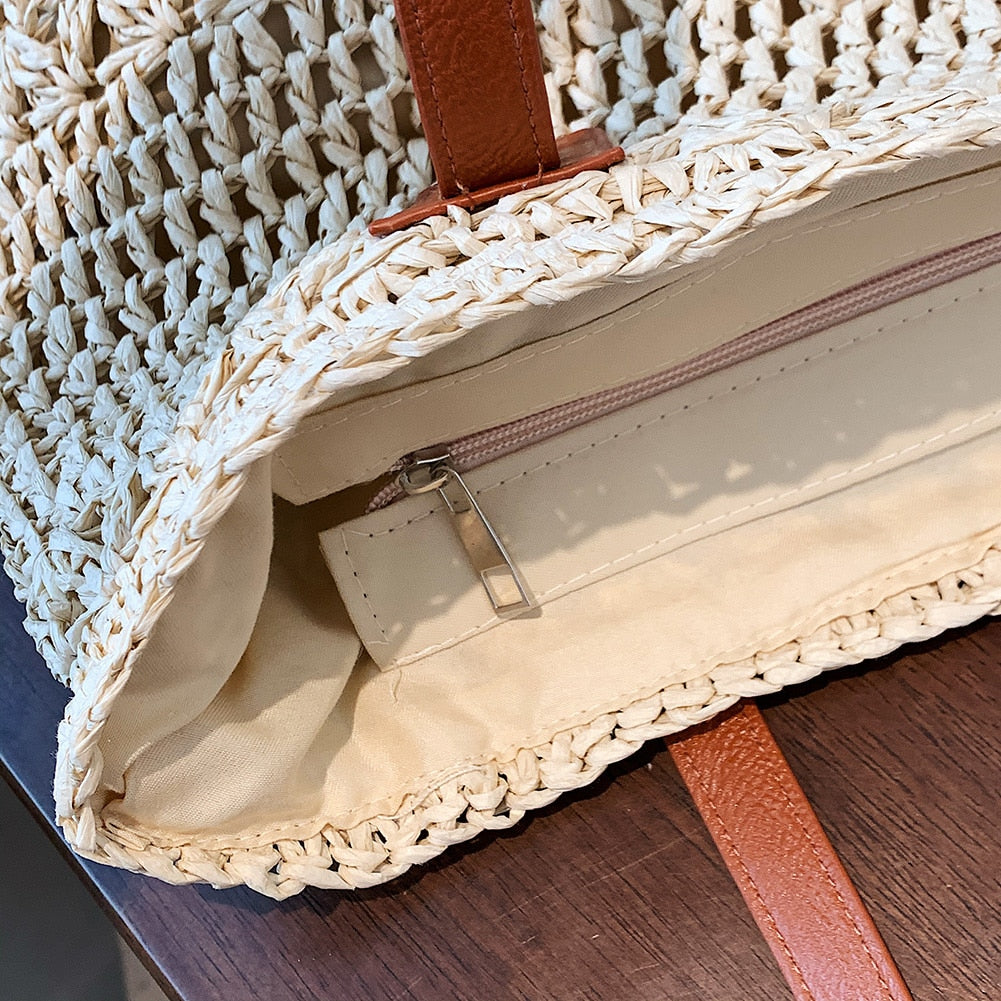 Mosrugs | Genevieve | Chic Straw Tote Bag with Genuine Leather Straps – Elegant Summer Handbag