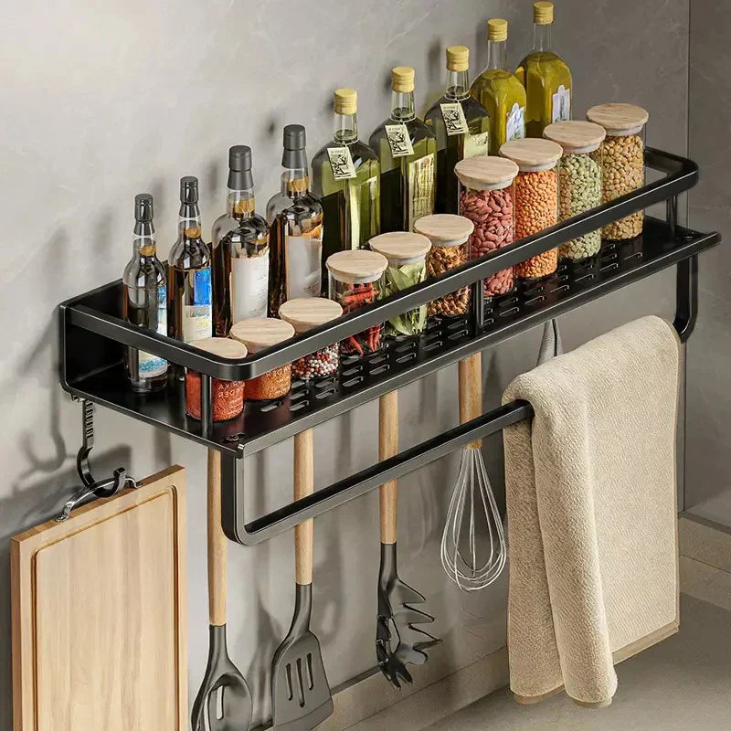 Mosrugs | Black Wall-Mounted Kitchen Rack – Spice Shelf with Utensil Hook Bar