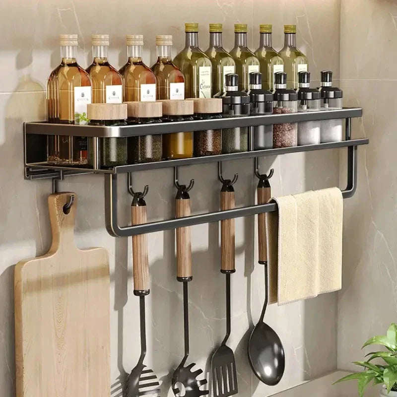 Mosrugs | Black Wall-Mounted Kitchen Rack – Spice Shelf with Utensil Hook Bar