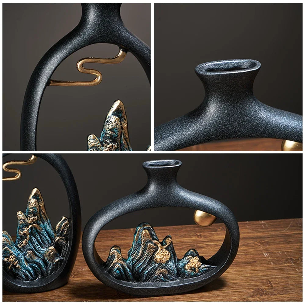 Mosrugs | TranquilPeak – Artistic Ceramic Mountain Landscape Vase | Elegant Black Interior Decor