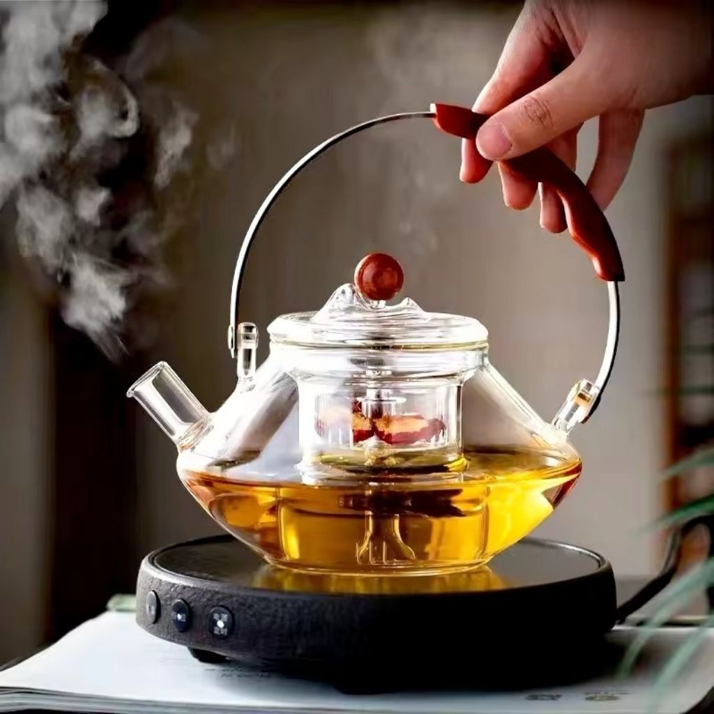 Mosrugs | Thesora – Premium Glass Brew Teapot with Removable Infuser & Wooden Handle (750ml)