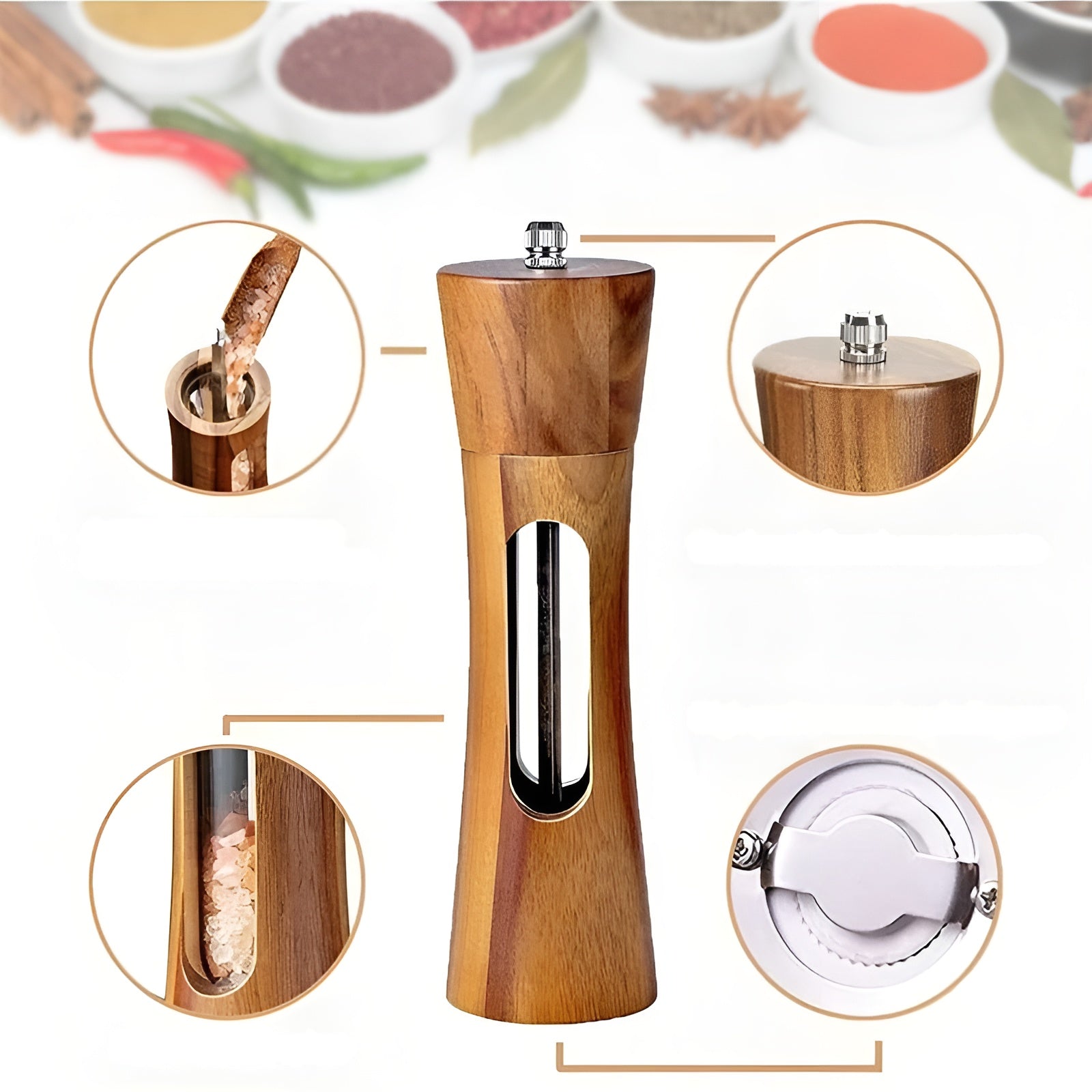 Mosrugs | SpiceCraft Manual Salt and Pepper Mill Set – Wooden Design with Acrylic Window Adjustable Grind Levels