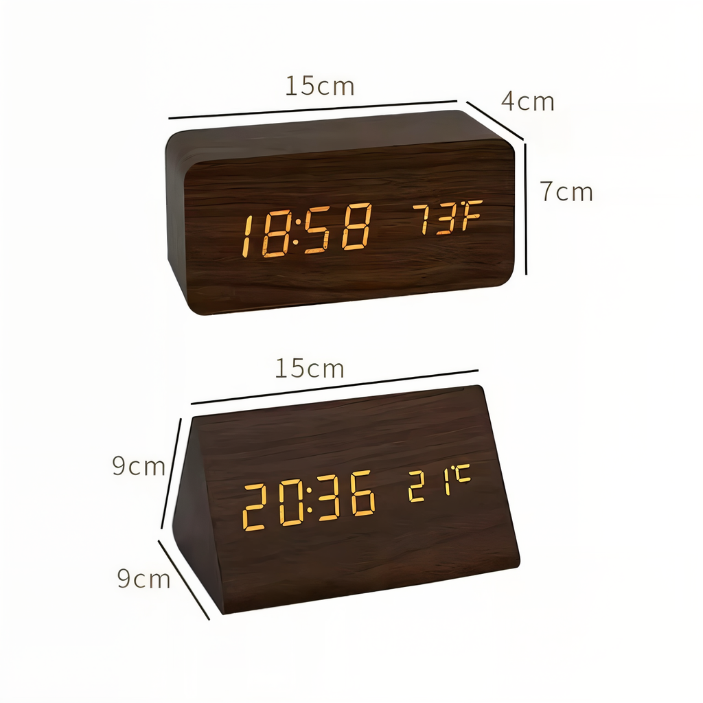 Mosrugs | WakeyCue | Modern Wooden LED Digital Alarm Clock with Temperature & Humidity Display