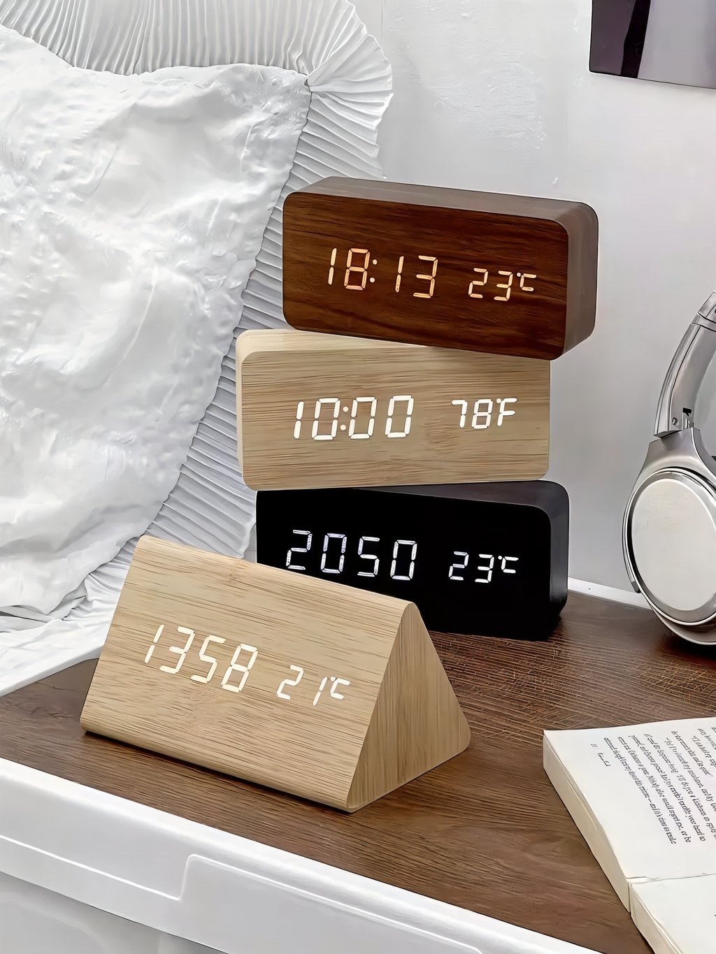 Mosrugs | WakeyCue | Modern Wooden LED Digital Alarm Clock with Temperature & Humidity Display