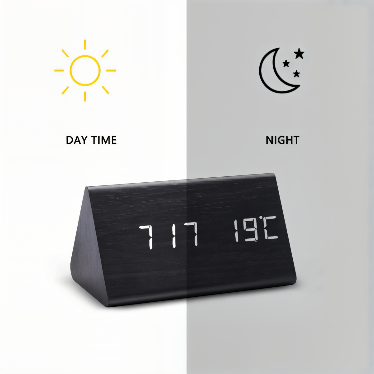 Mosrugs | WakeyCue | Modern Wooden LED Digital Alarm Clock with Temperature & Humidity Display