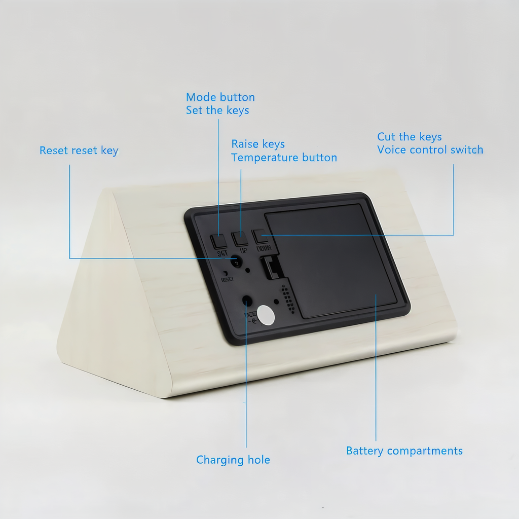 Mosrugs | WakeyCue | Modern Wooden LED Digital Alarm Clock with Temperature & Humidity Display