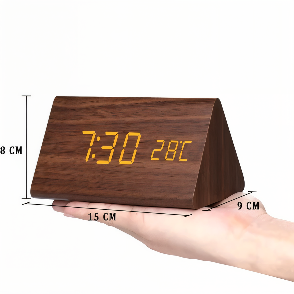 Mosrugs | WakeyCue | Modern Wooden LED Digital Alarm Clock with Temperature & Humidity Display