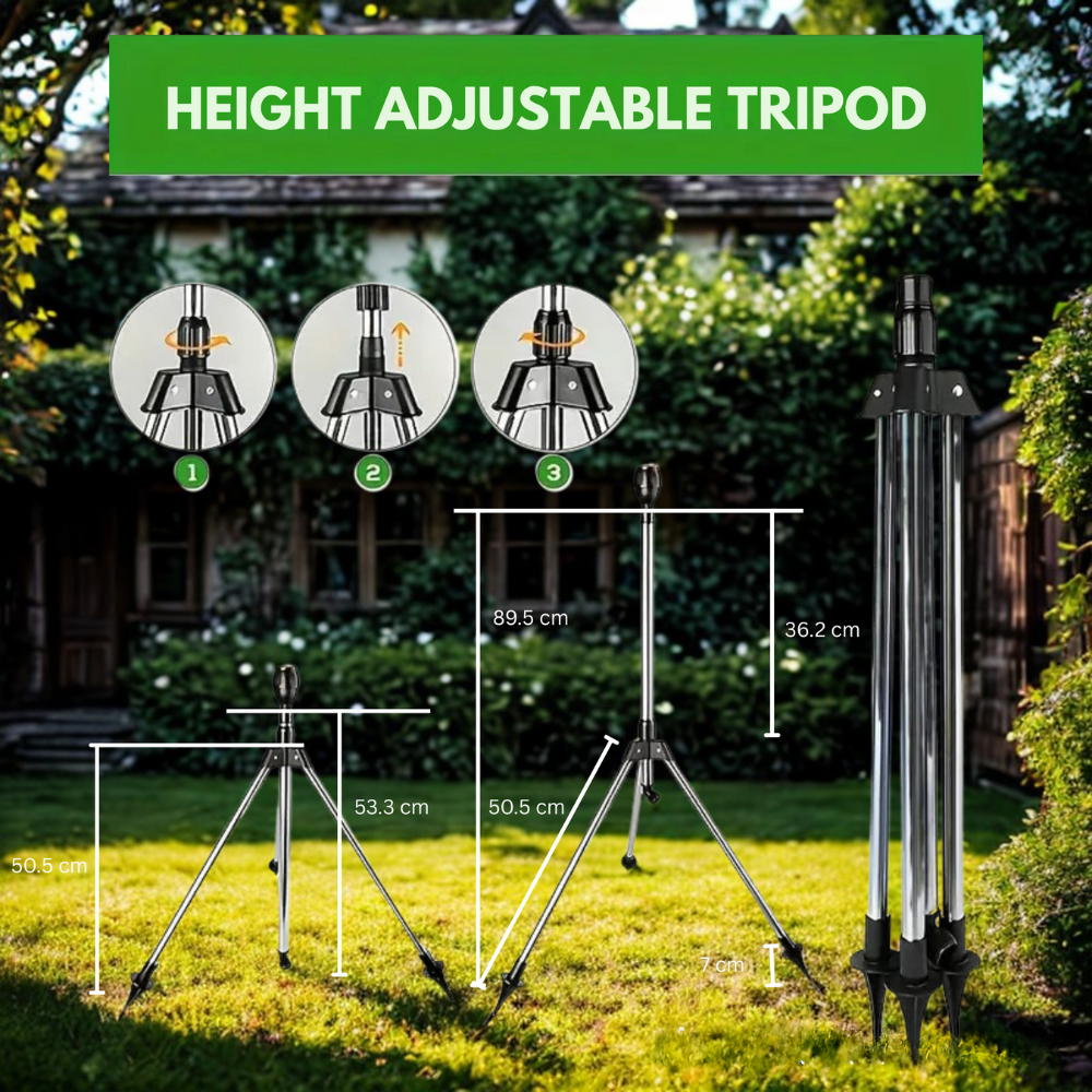 Mosrugs | Adjustable 360° Garden Sprinkler on Tripod – Stainless Steel Height-Adjustable Lawn Irrigation System