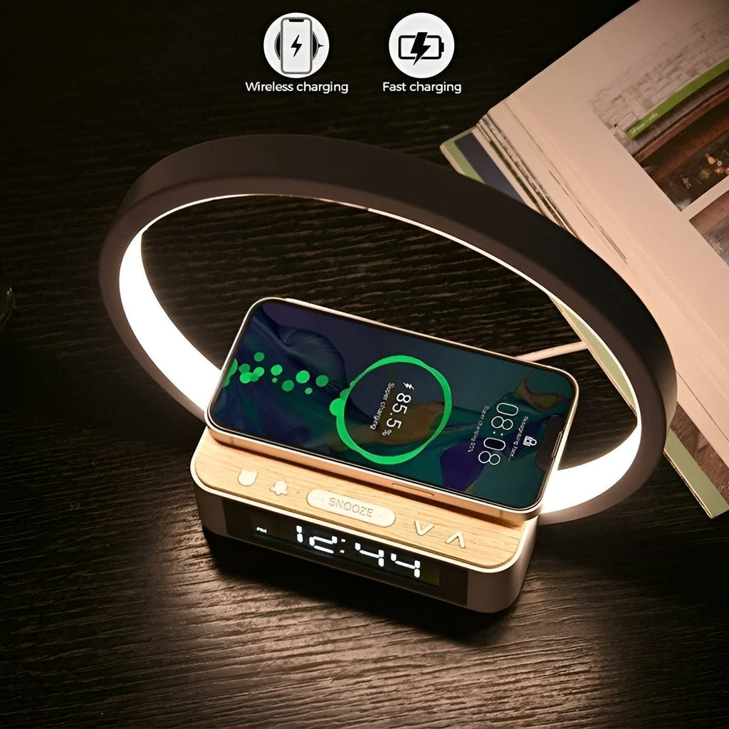 Mosrugs | GlowMax 3-in-1 LED Table Lamp – Wireless Charger, Alarm Clock & Touch Control