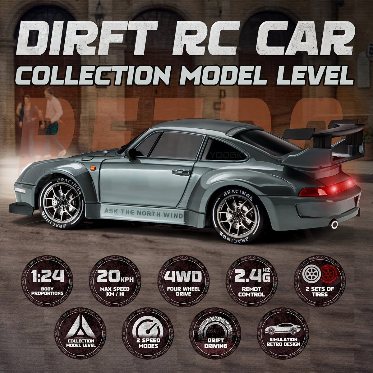 Mosrugs | 1:24 RC Drift Car | 4WD, LED Wheels & USB Rechargeable for Indoor and Outdoor Racing Fun