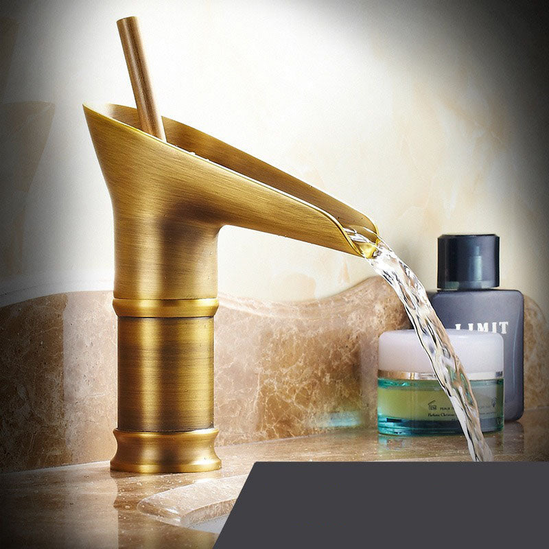 Mosrugs | Antique Brass Waterfall Basin Tap – Vintage Bathroom Mixer Faucet with Hot & Cold Control