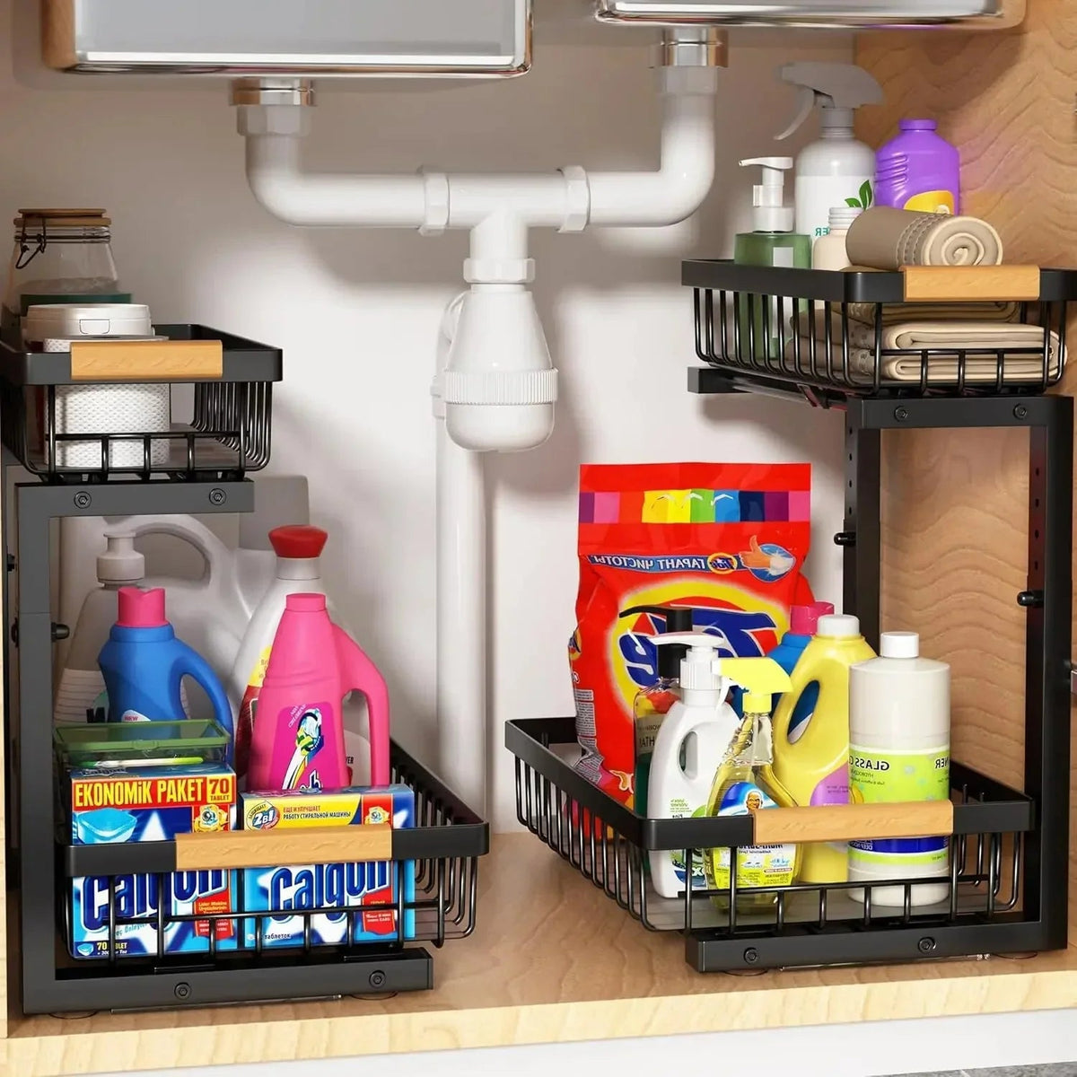 Mosrugs | Curcura – Heavy-Duty Adjustable Steel Under Sink Organizer for Kitchen & Bathroom