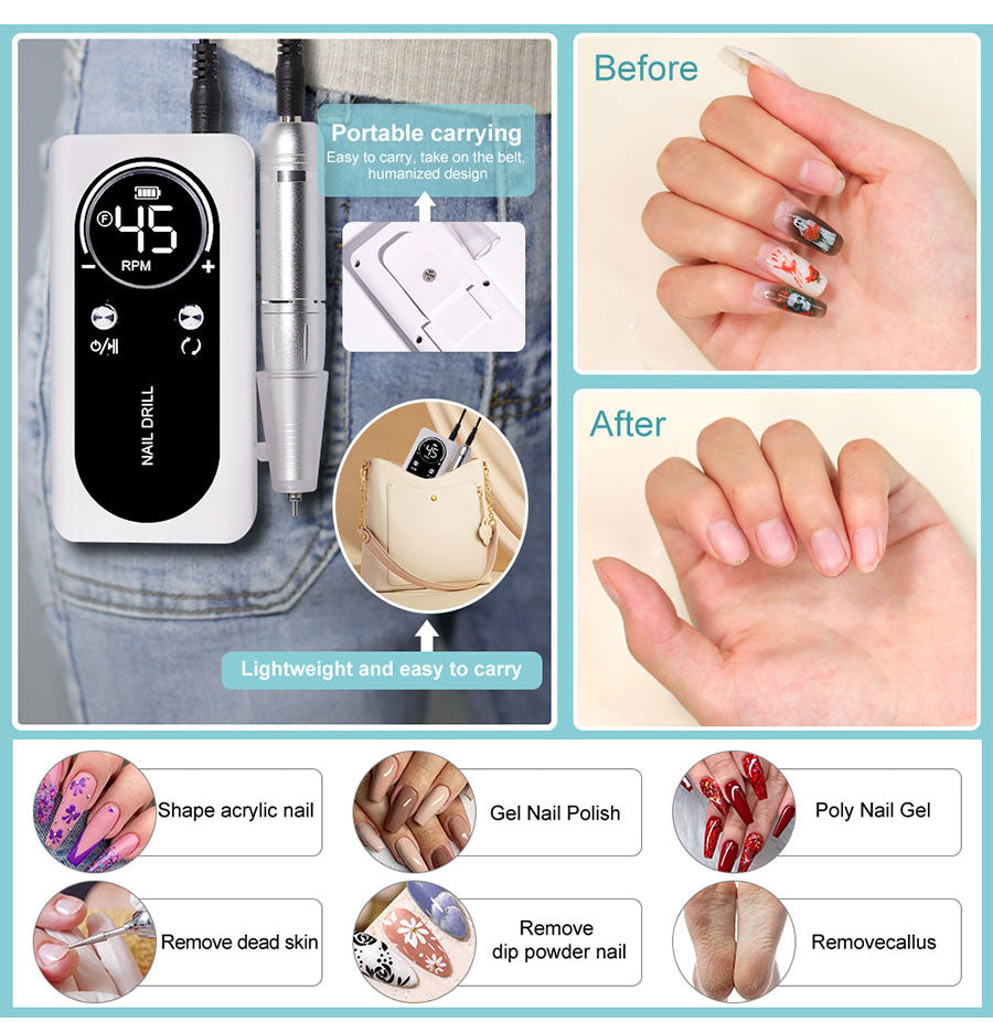 Mosrugs | ProNail 45000RPM Electric Nail File – Portable Rechargeable E-File for Manicure & Acrylic Nails | Low Noise