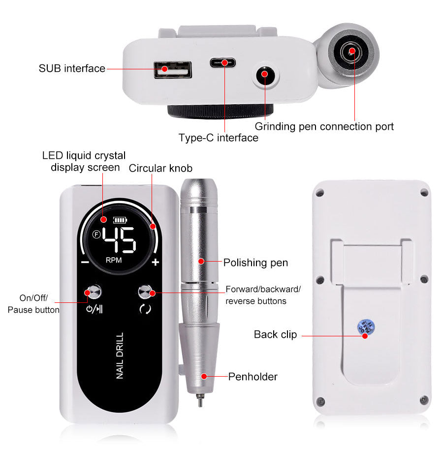 Mosrugs | ProNail 45000RPM Electric Nail File – Portable Rechargeable E-File for Manicure & Acrylic Nails | Low Noise