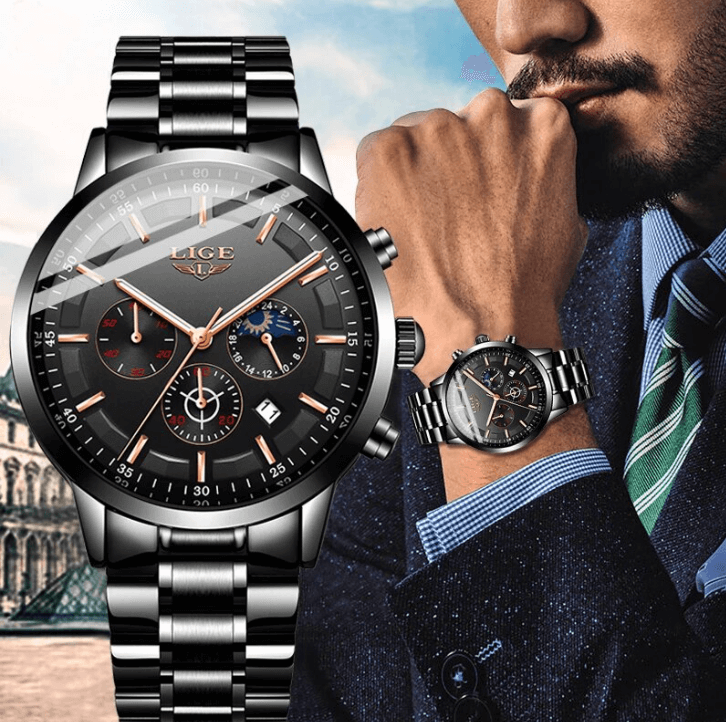 Mosrugs | Military Black Steel Watch – Men's Stainless Steel Wristwatch with Day, Date & Night Display