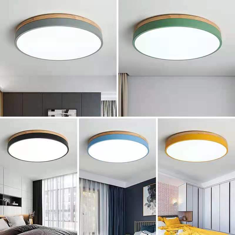 Mosrugs | Wooden Round Shape Flush Ceiling Light | LED. Solid Wood & Iron for Living Room. Dining Room & Hallway
