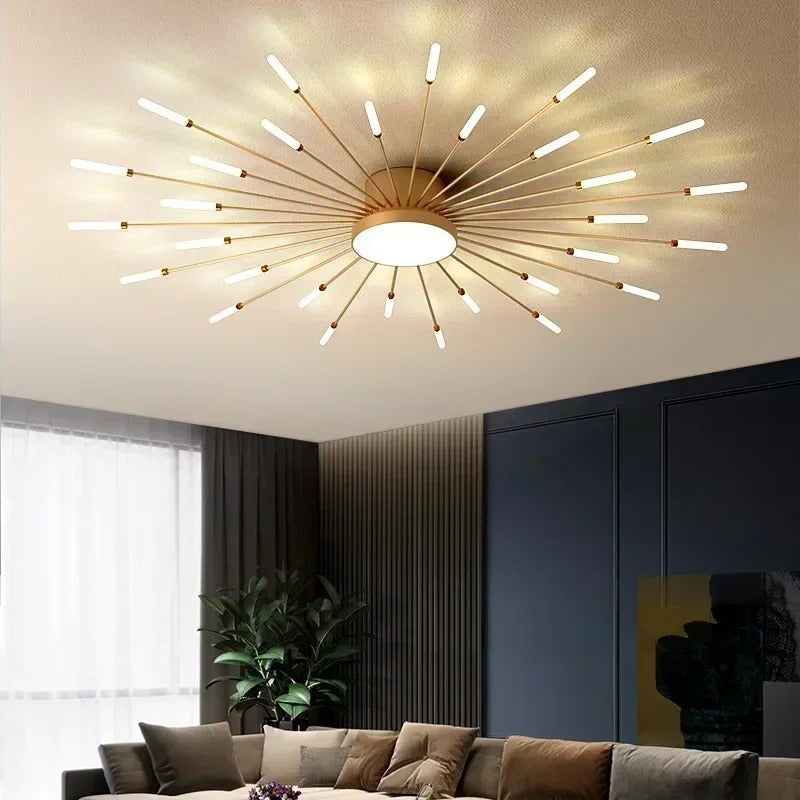 Mosrugs | Modern Industrial Ceiling Lamp Sputnik Fireworks | Black & Gold Finish. LED Lighting for Living Room. Dining Room & Bedroom Decor