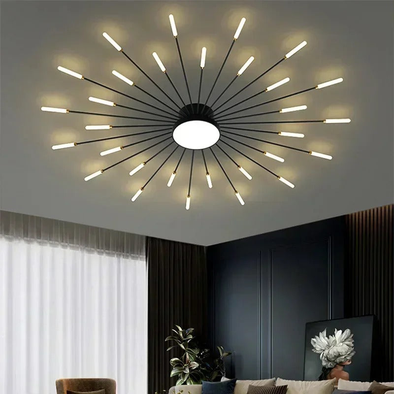 Mosrugs | Modern Industrial Ceiling Lamp Sputnik Fireworks | Black & Gold Finish. LED Lighting for Living Room. Dining Room & Bedroom Decor