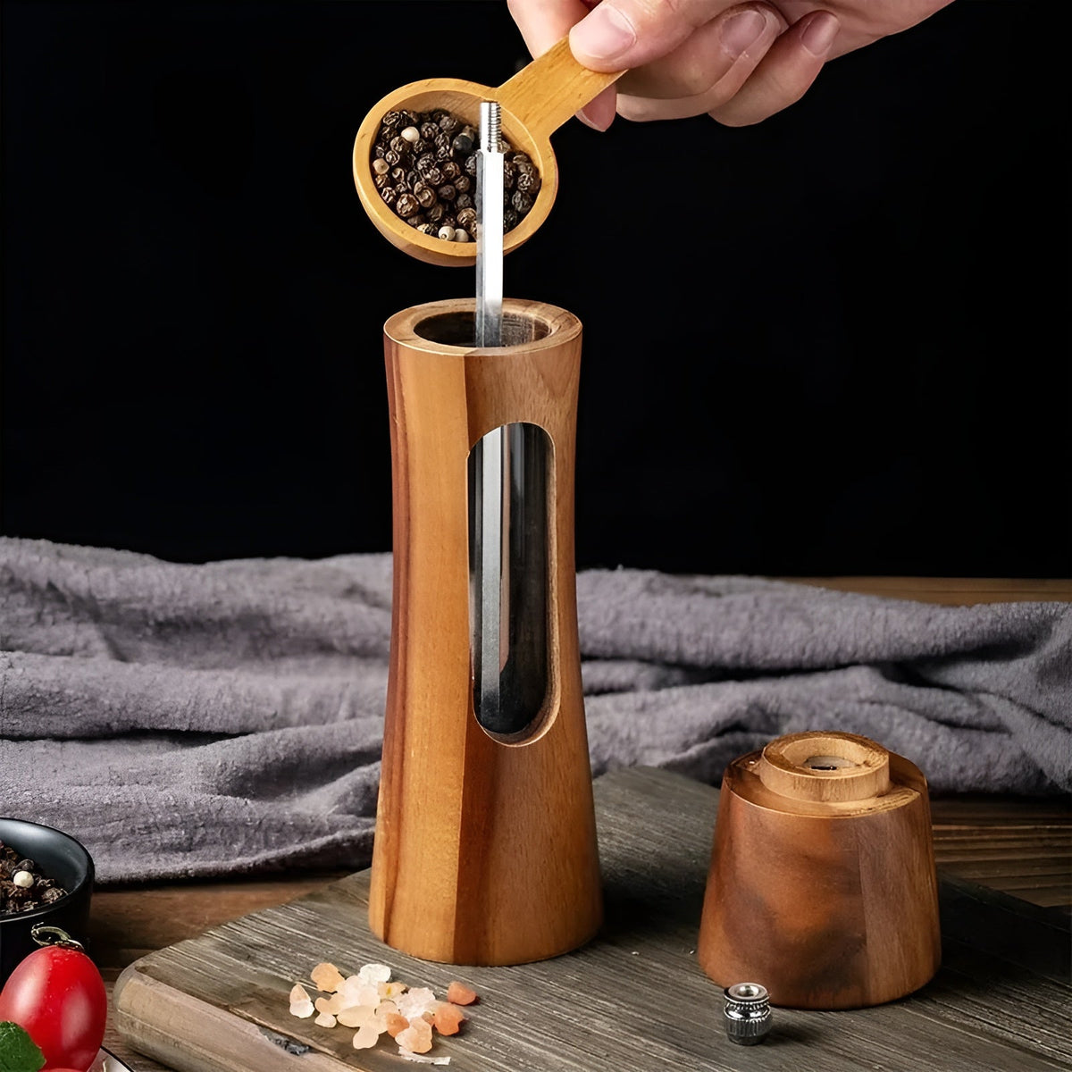 Mosrugs | SpiceCraft Manual Salt and Pepper Mill Set – Wooden Design with Acrylic Window Adjustable Grind Levels